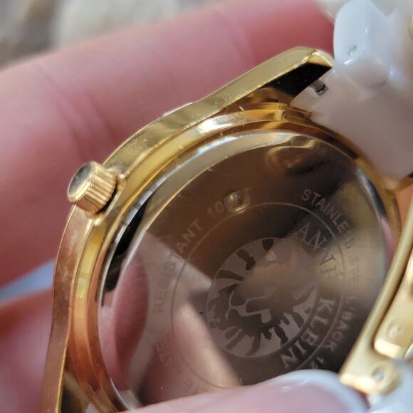 Anne Klein Crystal Bezel Watch White Bracelet Gold Tone...